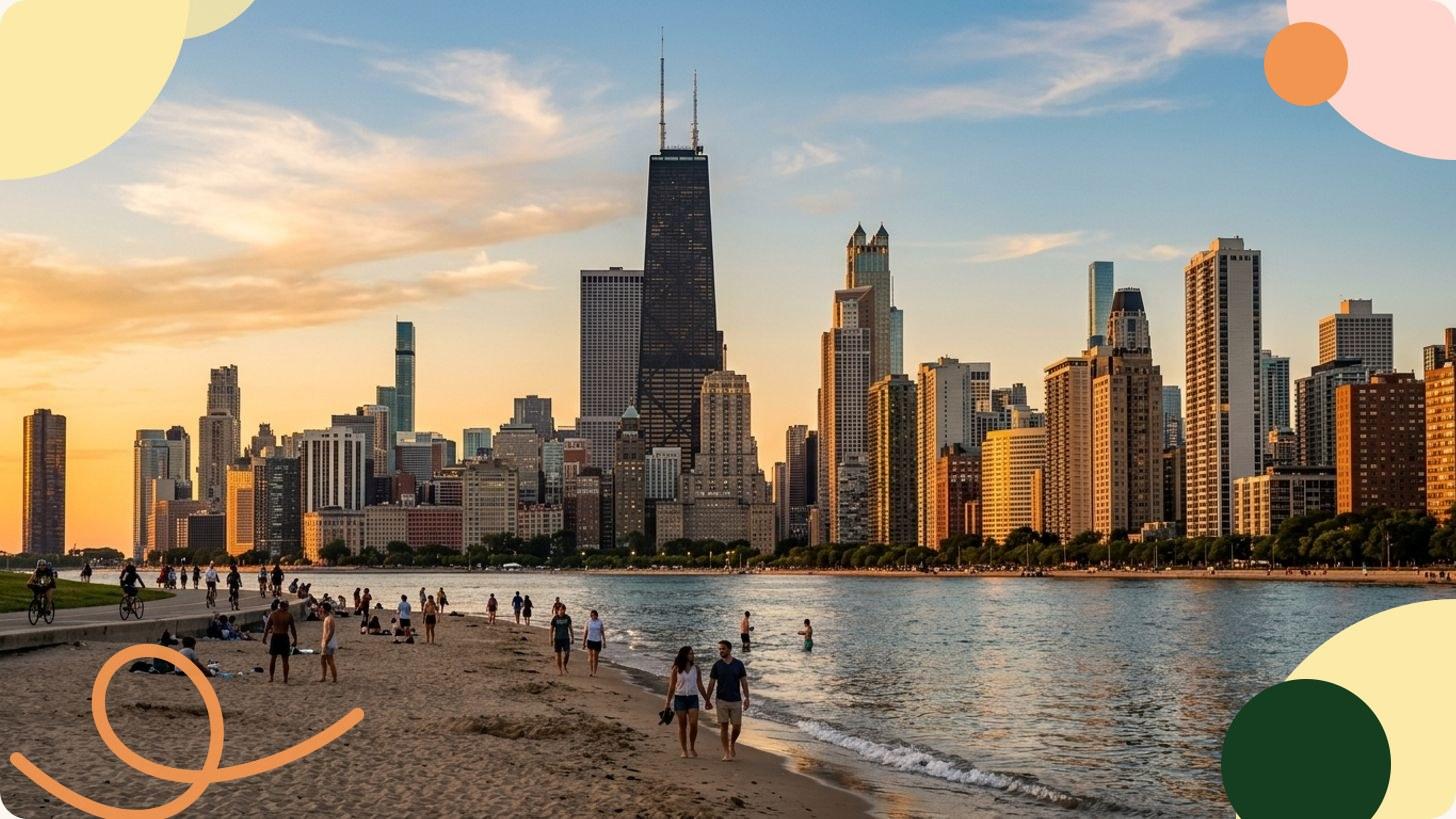 Vue aérienne du front de mer de Chicago avec gratte-ciel, plage de sable et lac Michigan turquoise