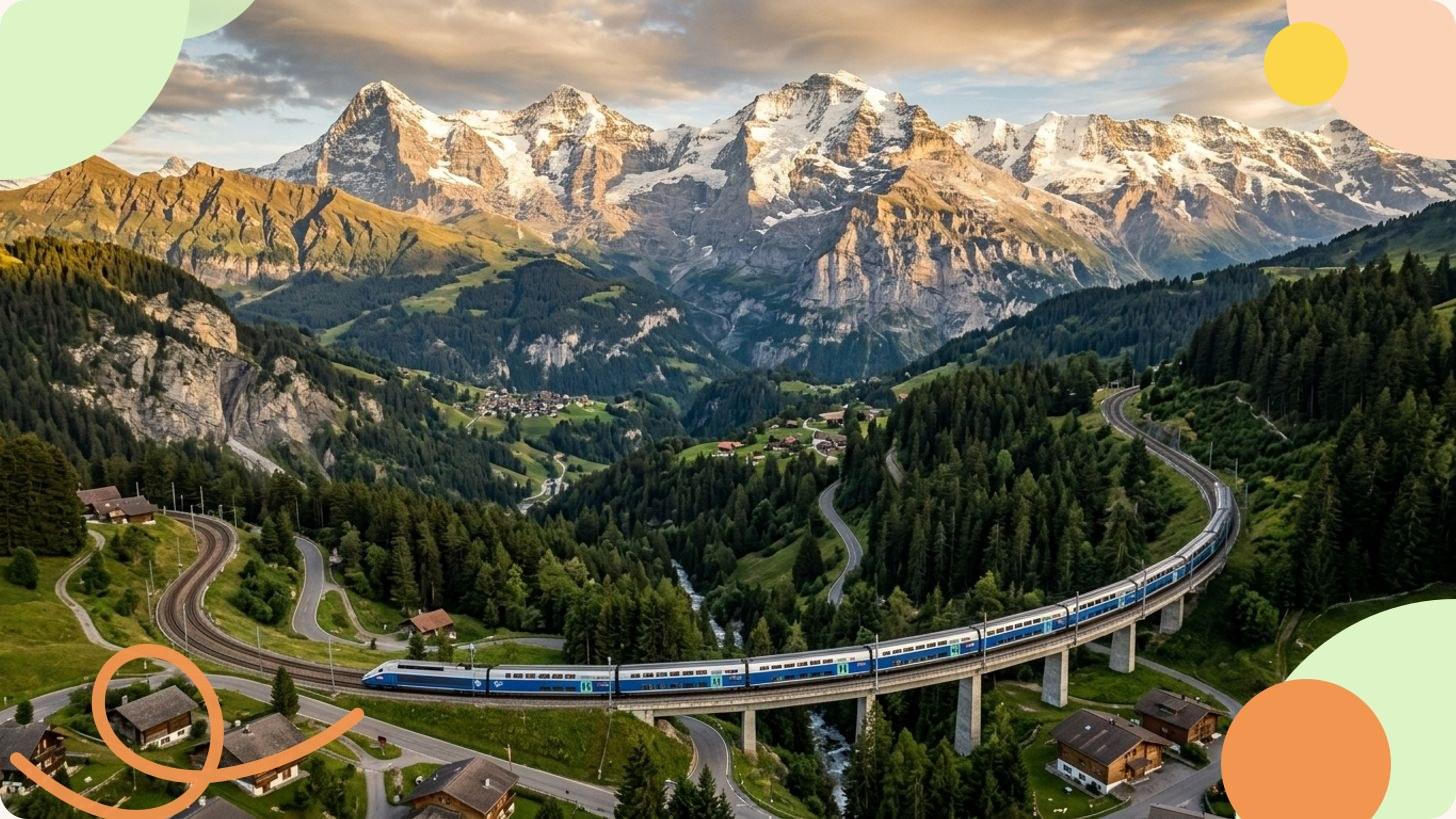 Voyageur regardant défiler un paysage alpin par la fenêtre d'un train panoramique en Europe