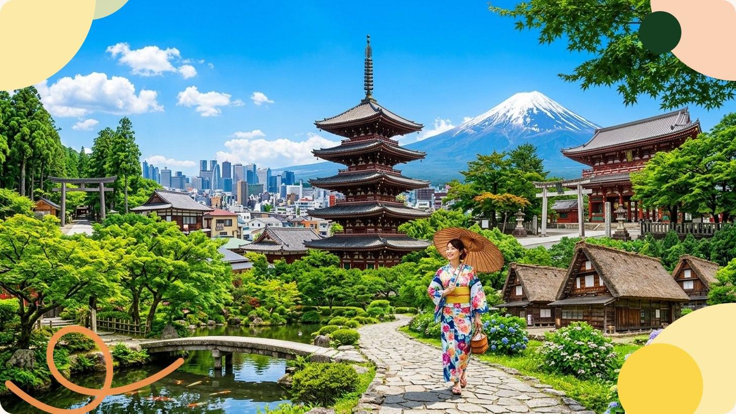 Portiques torii vermillon d'un sanctuaire shinto japonais au cœur d'une forêt verte au lever du soleil