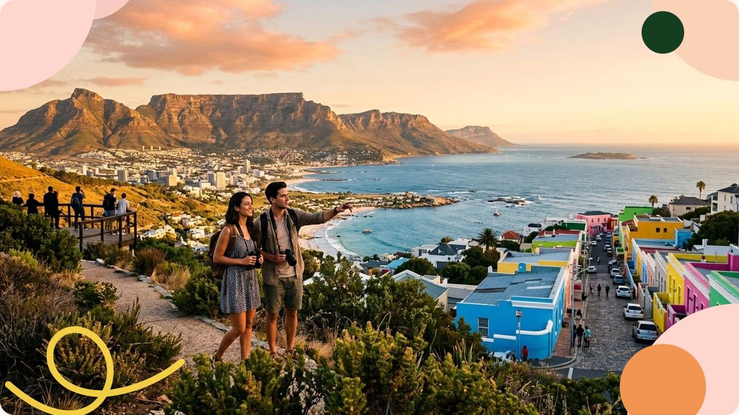 Vue de la baie de Cape Town avec la Montagne de la Table dominant la ville et l'océan Atlantique