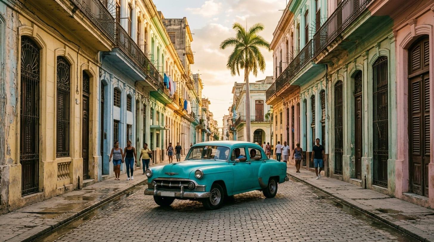 Rue de La Havane à Cuba, façades coloniales pastel et voiture américaine ancienne turquoise sous la lumière dorée