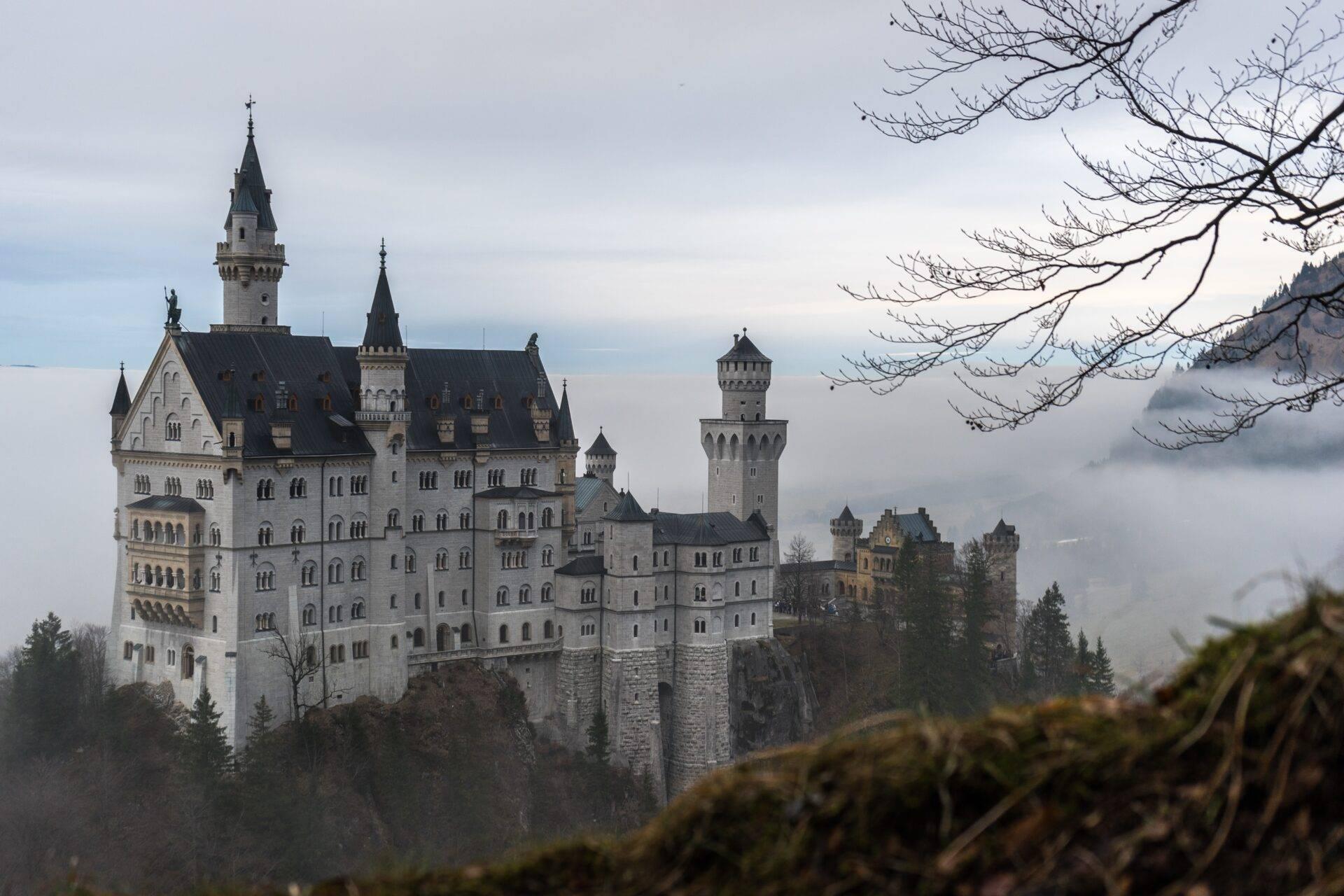 Un majestueux château blanc aux tours pointues perché sur une colline boisée dans le brouillard