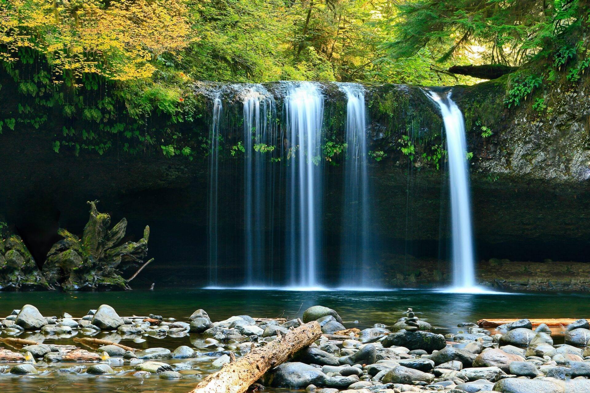 Une cascade spectaculaire cascadant sur une falaise rocheuse entourée de végétation luxuriante et de jungle tropicale dense