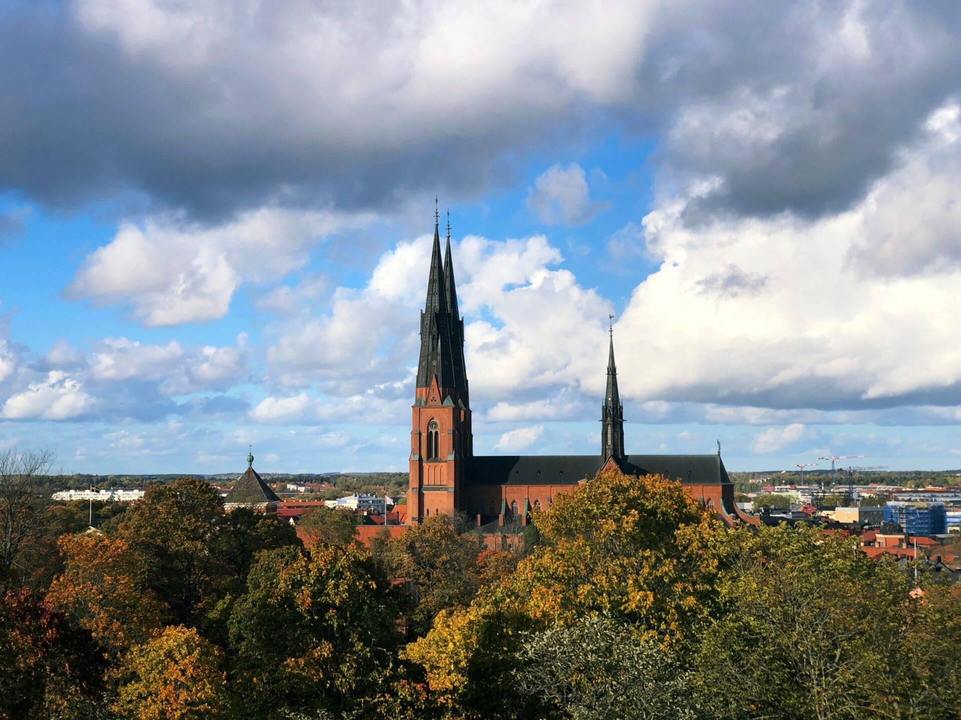 Une église en briques rouges avec deux clochers pointus dominant un paysage urbain entouré de forêts d’automne