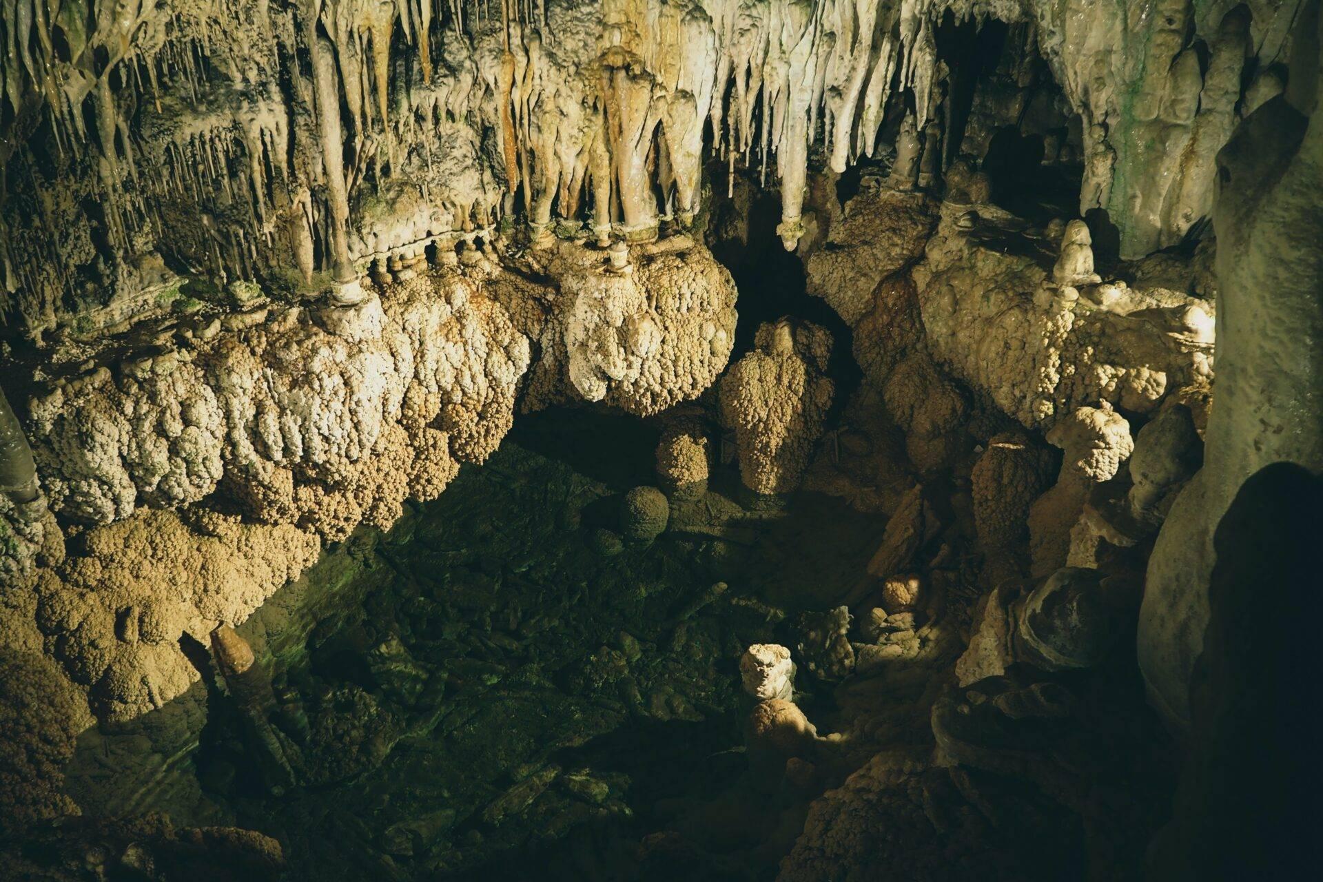 Grotte souterraine avec stalagmites et stalactites calcaires, parois rocheuses éclairées révélant formations géologiques spectaculaires