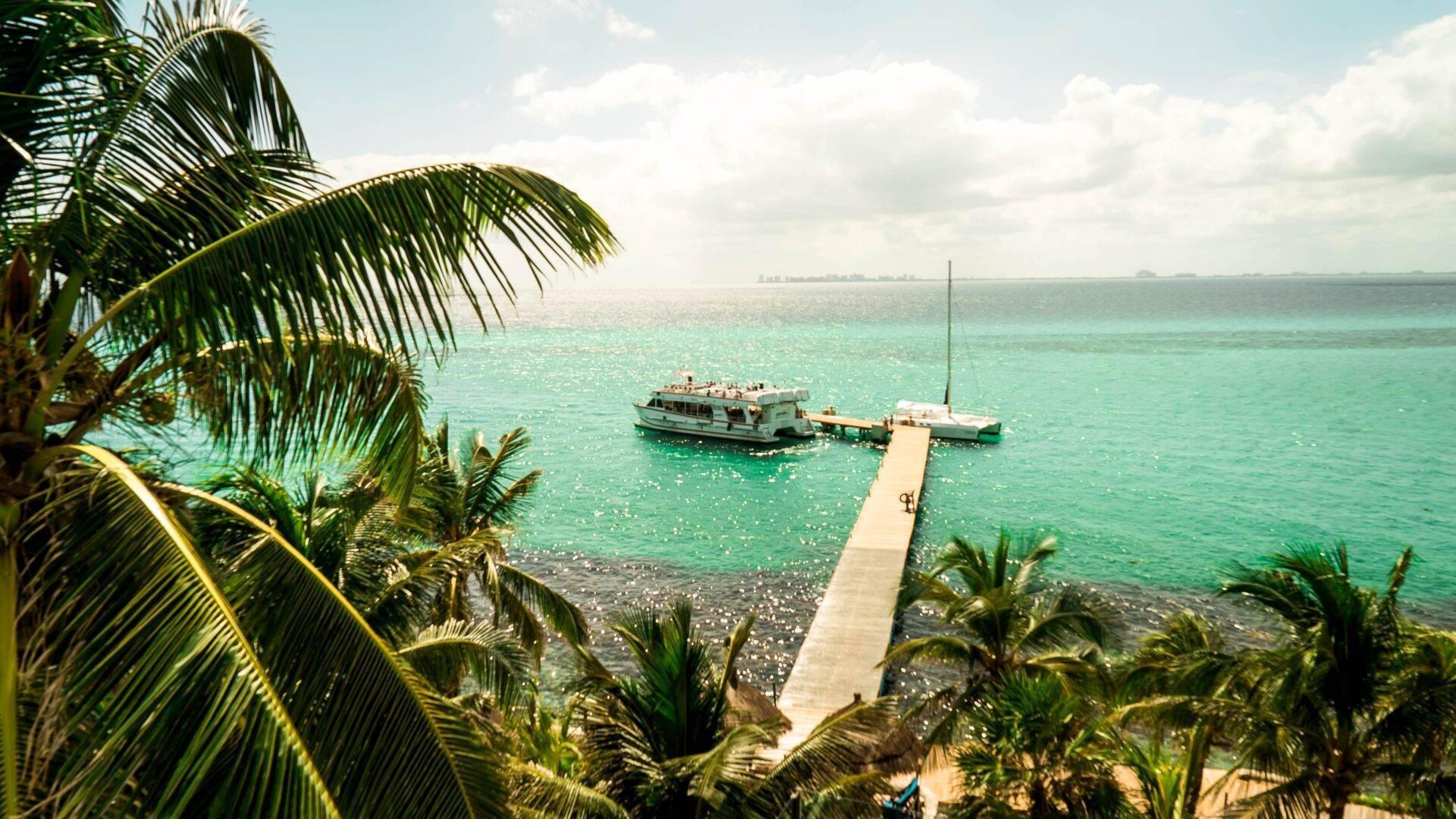 Un ponton en bois s’étend vers des bateaux amarrés dans une eau turquoise cristalline, encadré de palmiers