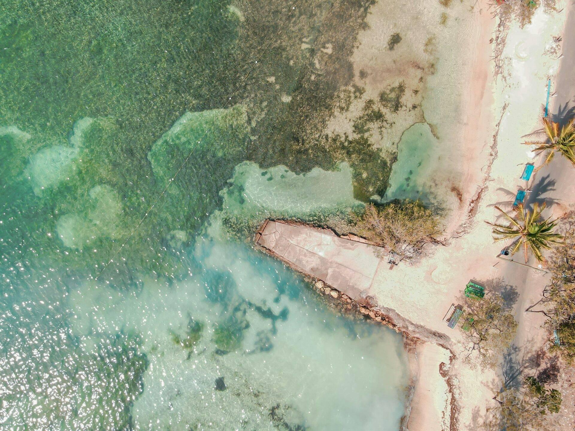 Vue aérienne d’une plage tropicale avec eau turquoise, bateau de pêche rouge, palmiers et végétation côtière