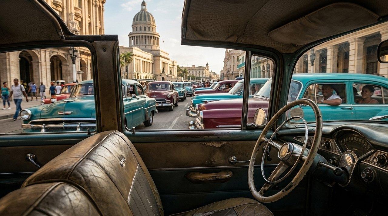 Vue de l’intérieur d’une voiture vintage américaine circulant dans une rue cubaine avec le Capitole en arrière-plan