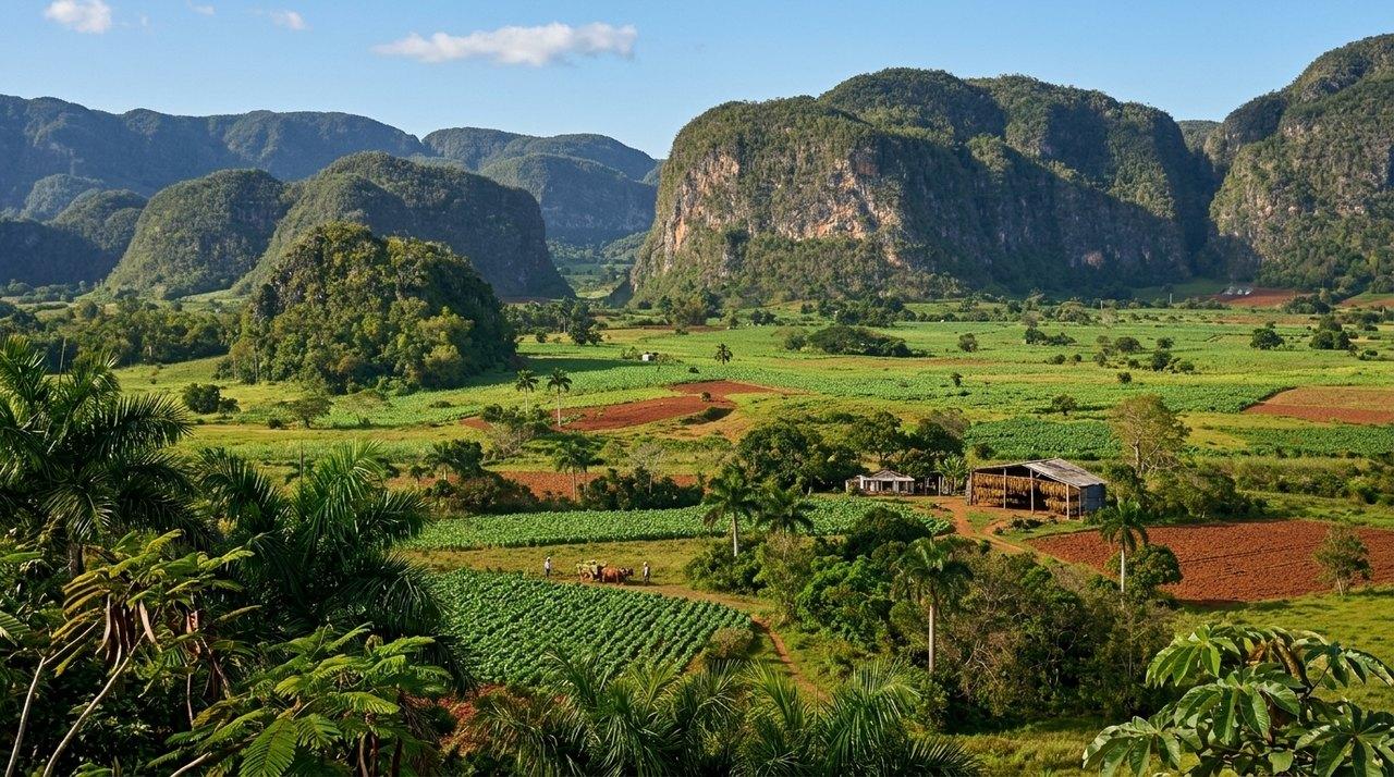 Vallée fertile entourée de mogotes boisés avec cultures de tabac, fermes traditionnelles et vegetation tropicale luxuriante