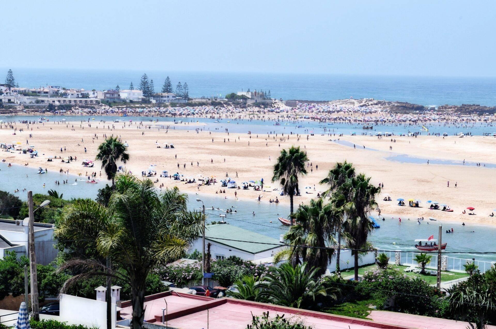 Vue aérienne d’une grande plage bondée avec palmiers, bâtiments côtiers et mer turquoise sous ciel dégagé