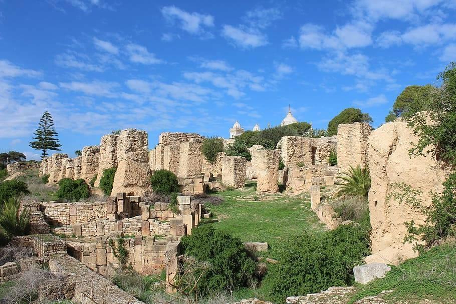 Ruines antiques de pierre avec colonnes et murs effondrés dans un paysage verdoyant sous ciel bleu