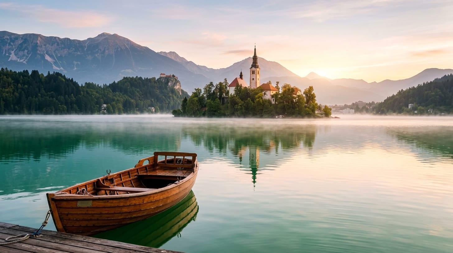 Lac de Bled au petit matin, barque en bois au premier plan, île et son église dans la brume, Alpes juliennes
