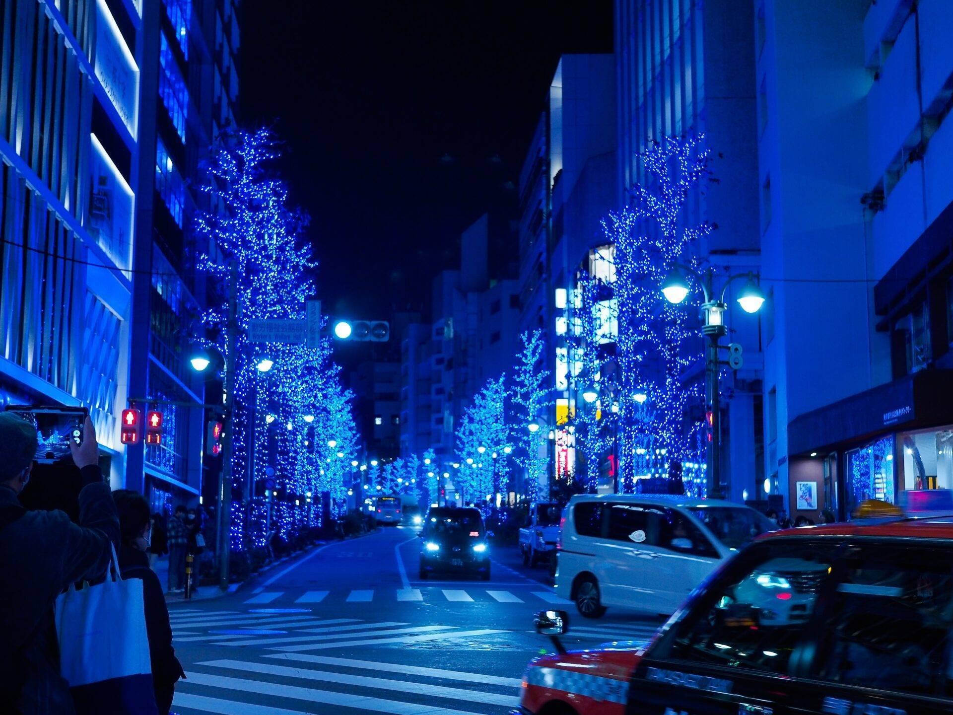 Rue urbaine illuminée la nuit avec arbres décorés de milliers de petites lumières bleues et blanches