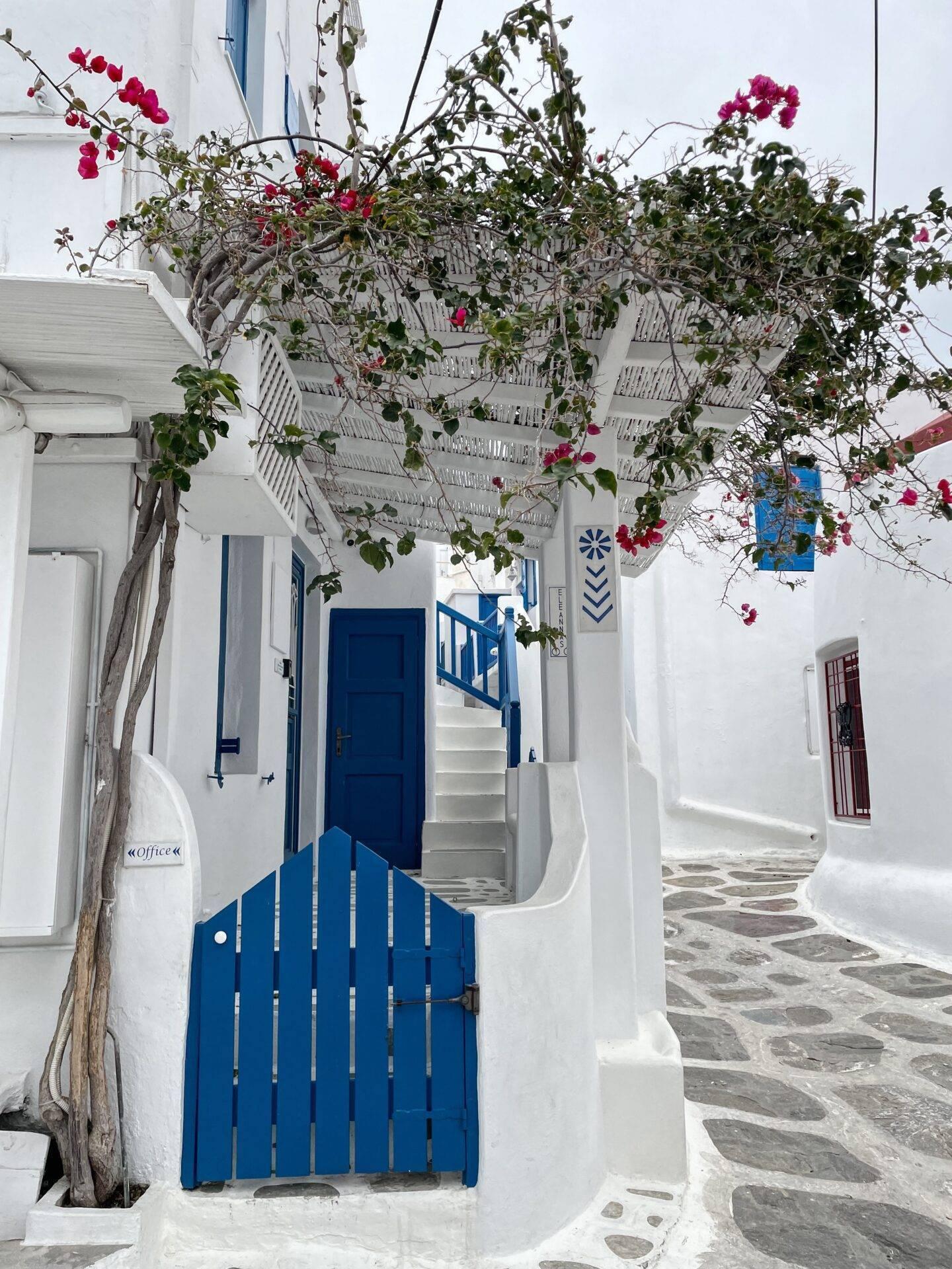 Ruelle méditerranéenne avec maisons blanches, portes bleues et bougainvillées roses en fleur