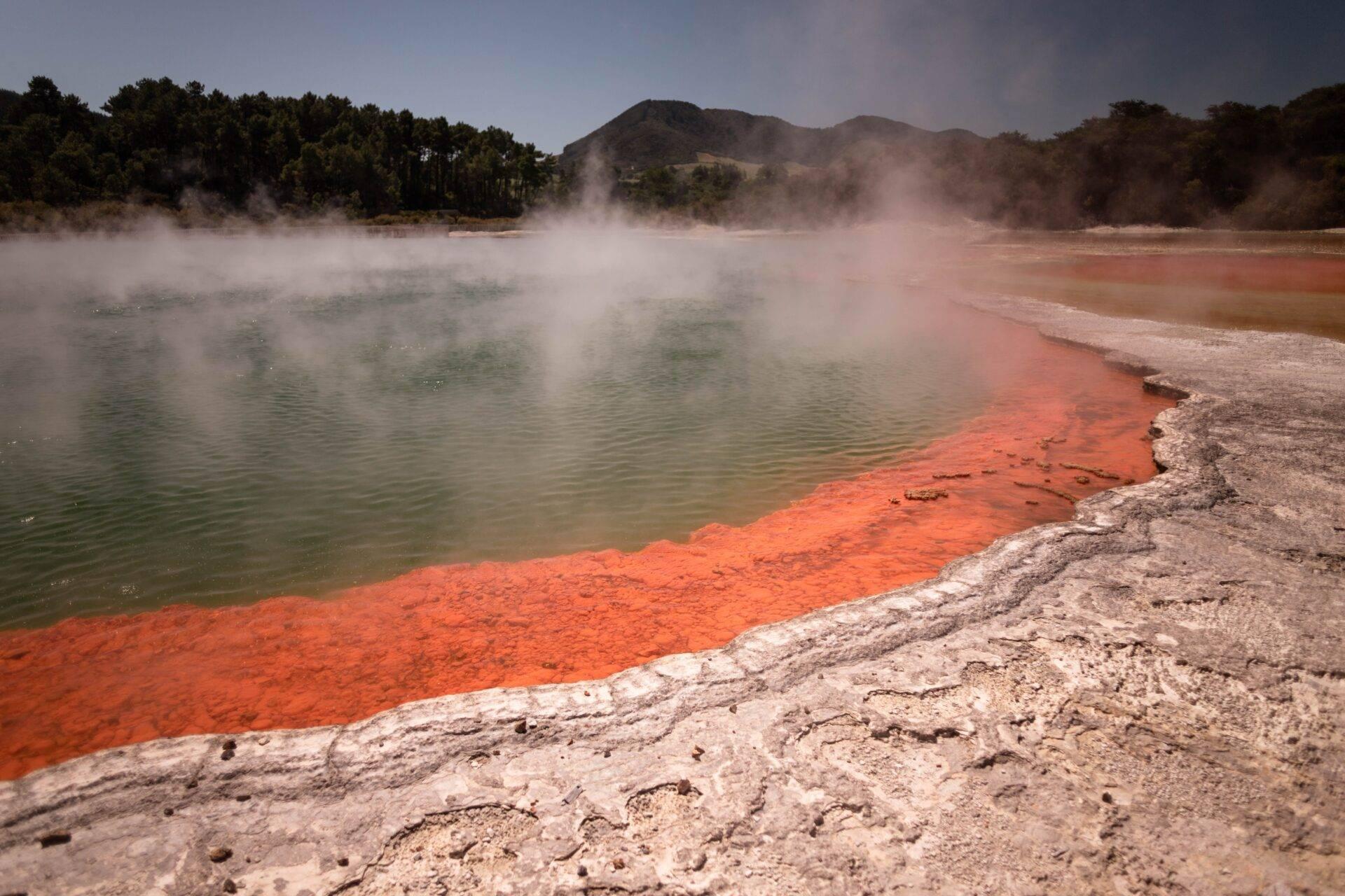Bassin géothermique aux eaux colorées turquoise et orange avec vapeurs, entouré de dépôts minéraux blancs et forêts