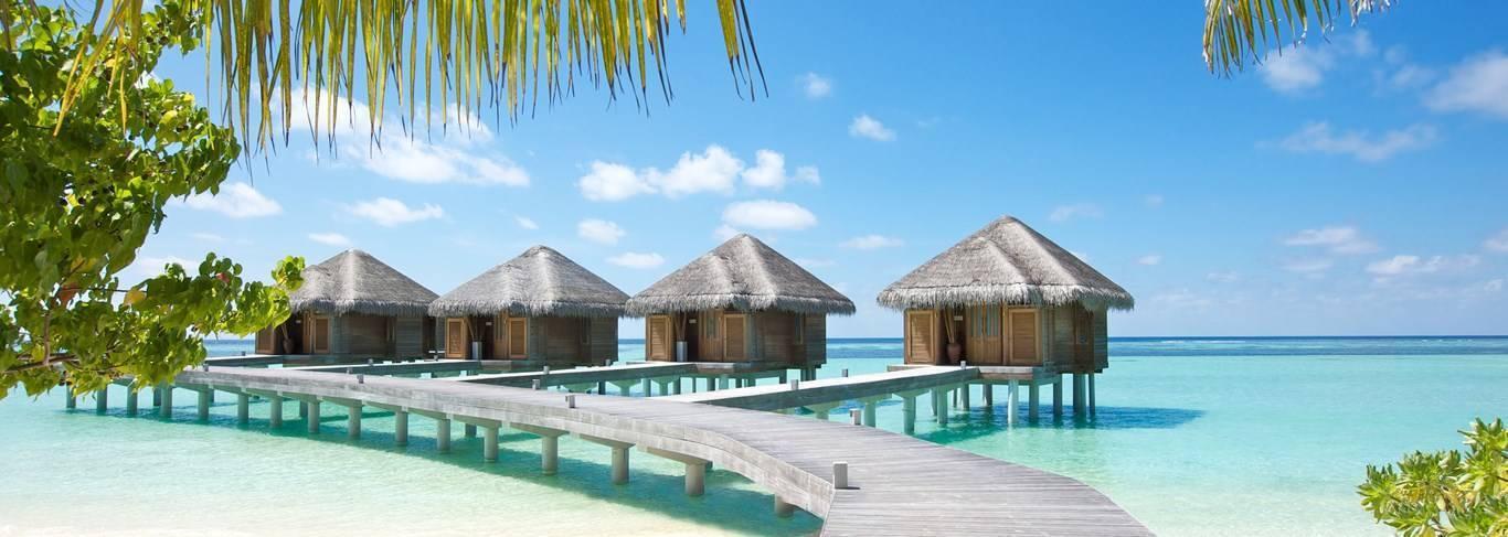 Bungalows sur pilotis aux toits de chaume alignés sur une jetée dans des eaux turquoise cristallines