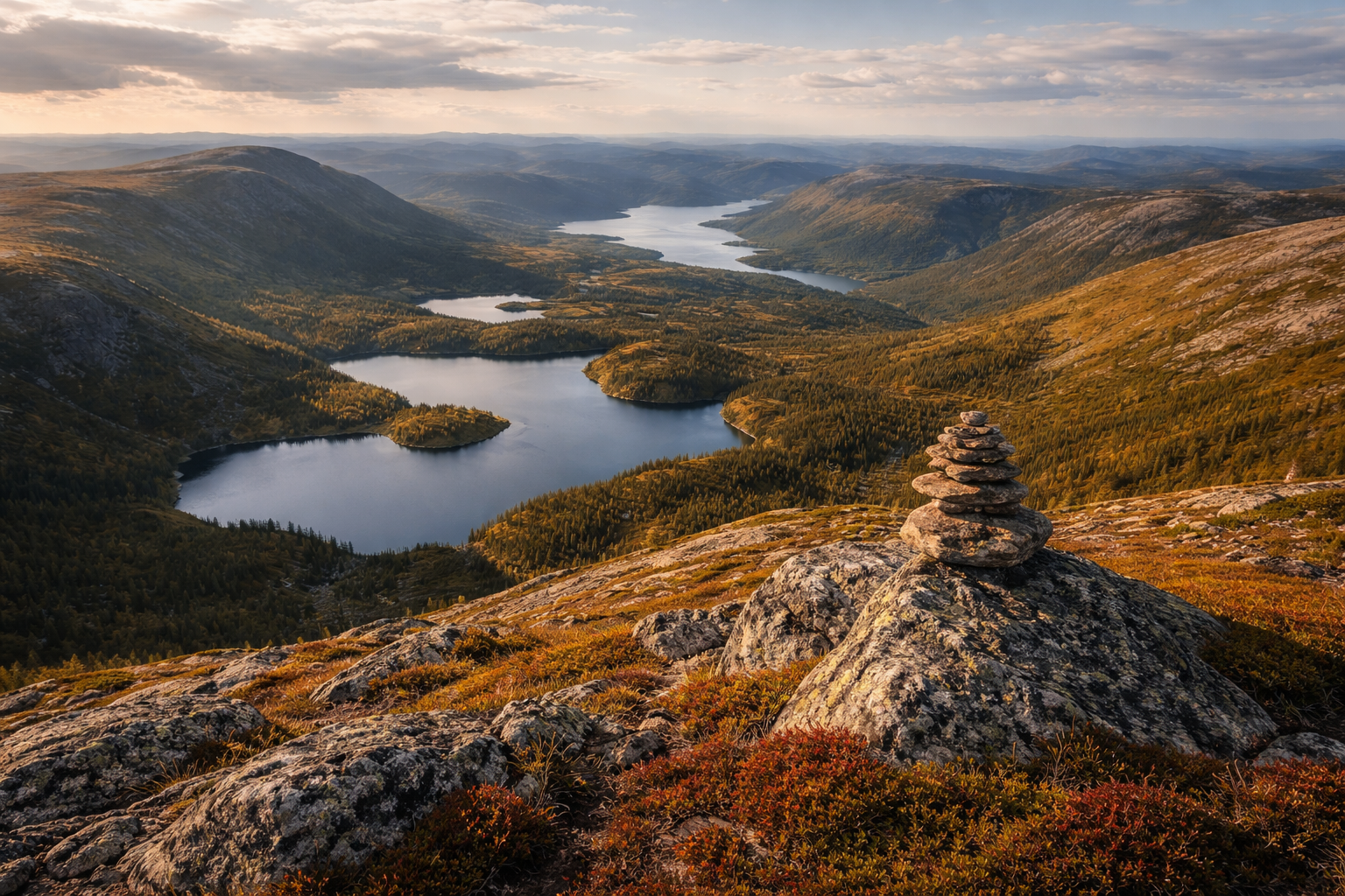 Vue panoramique d’un paysage montagneux avec lacs, forêts boréales et un cairn de pierre en premier plan