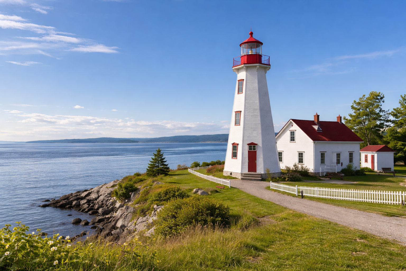 Un phare blanc et rouge avec ses bâtiments annexes sur une falaise rocheuse surplombant une baie bleue calme