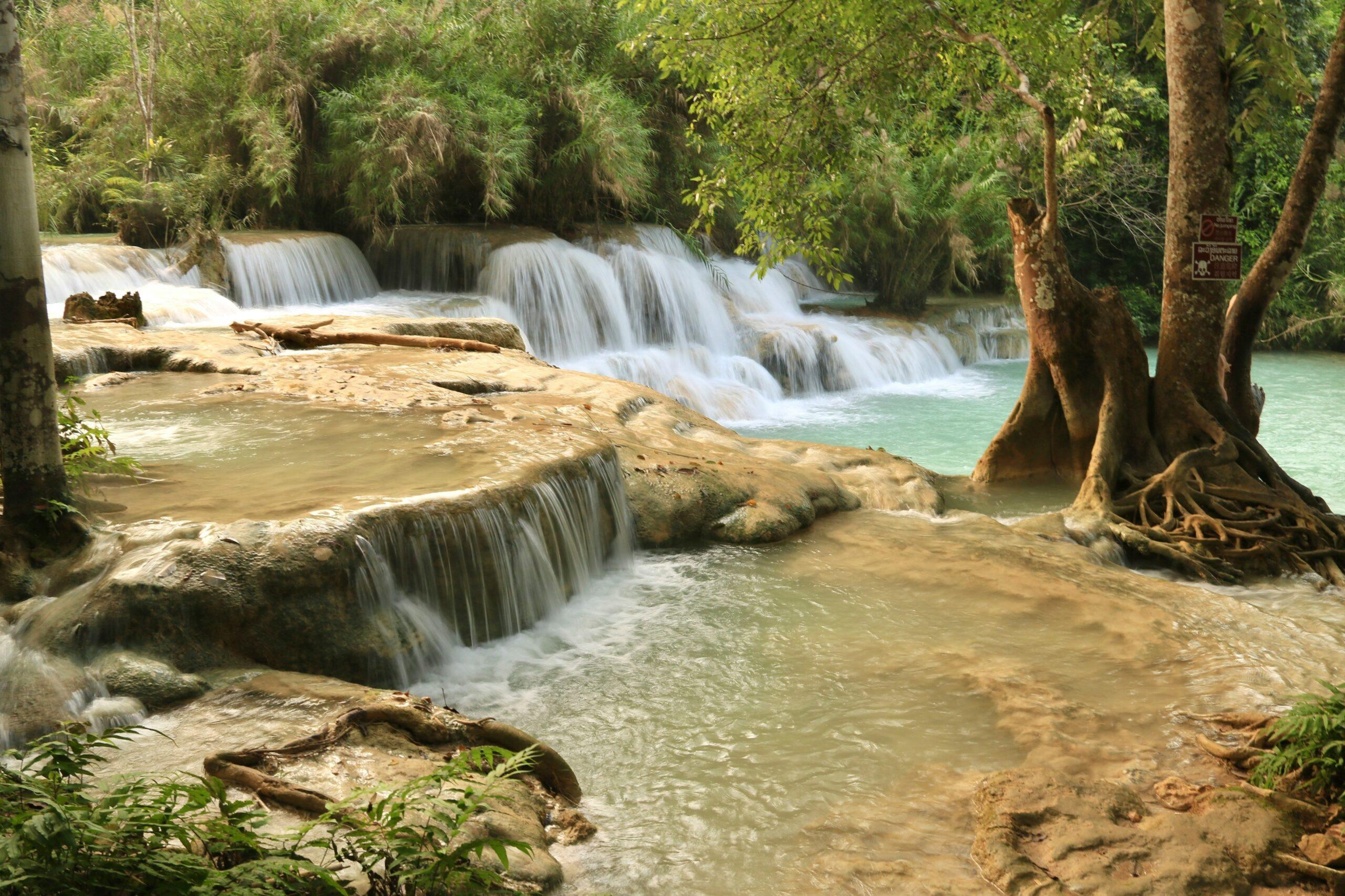 Cascades en étages dans une forêt tropicale luxuriante avec bassins d’eau turquoise et arbres aux racines apparentes