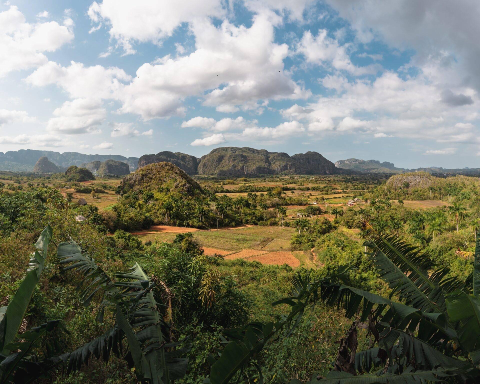 Vallée tropicale avec mogotes calcaires, champs cultivés et végétation luxuriante sous ciel nuageux