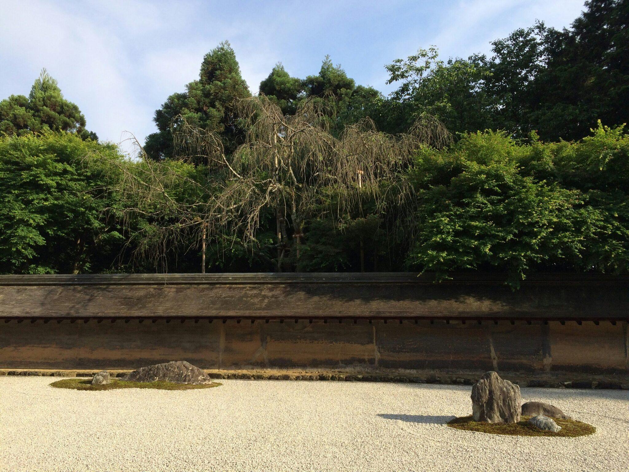 Un jardin zen avec bassin d’eau, graviers ratissés, rochers et saule pleureur surplombant un mur en pierre