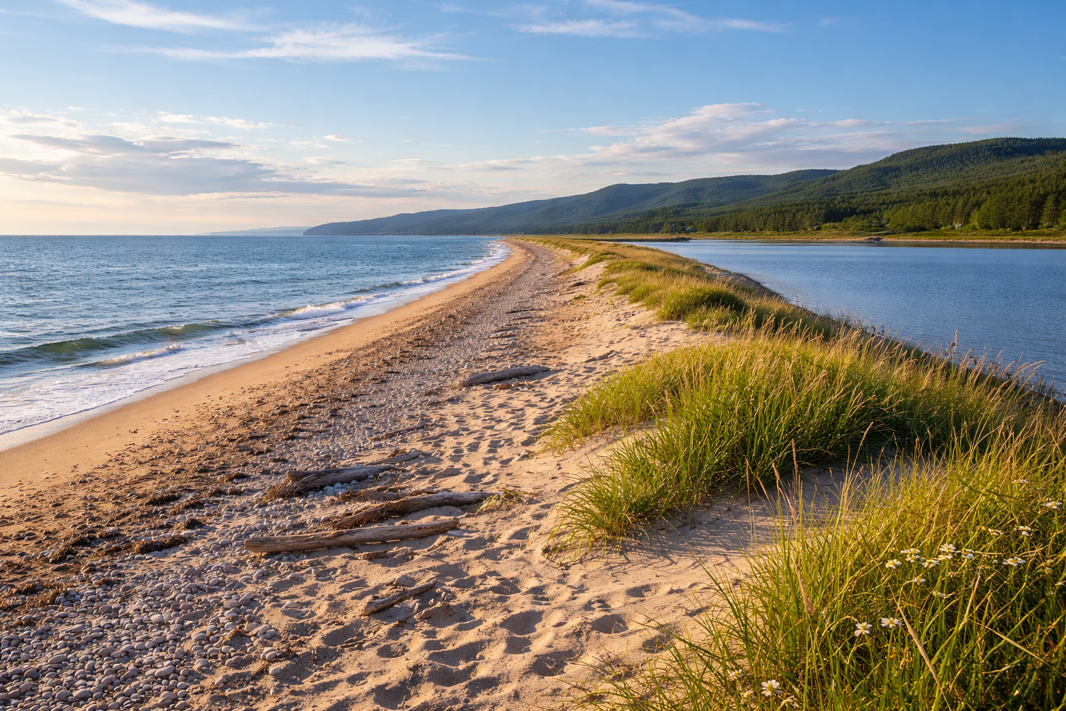 Une langue de sable avec dunes herbeuses entre un lac calme et une baie côtière, entourée de forêts de conifères