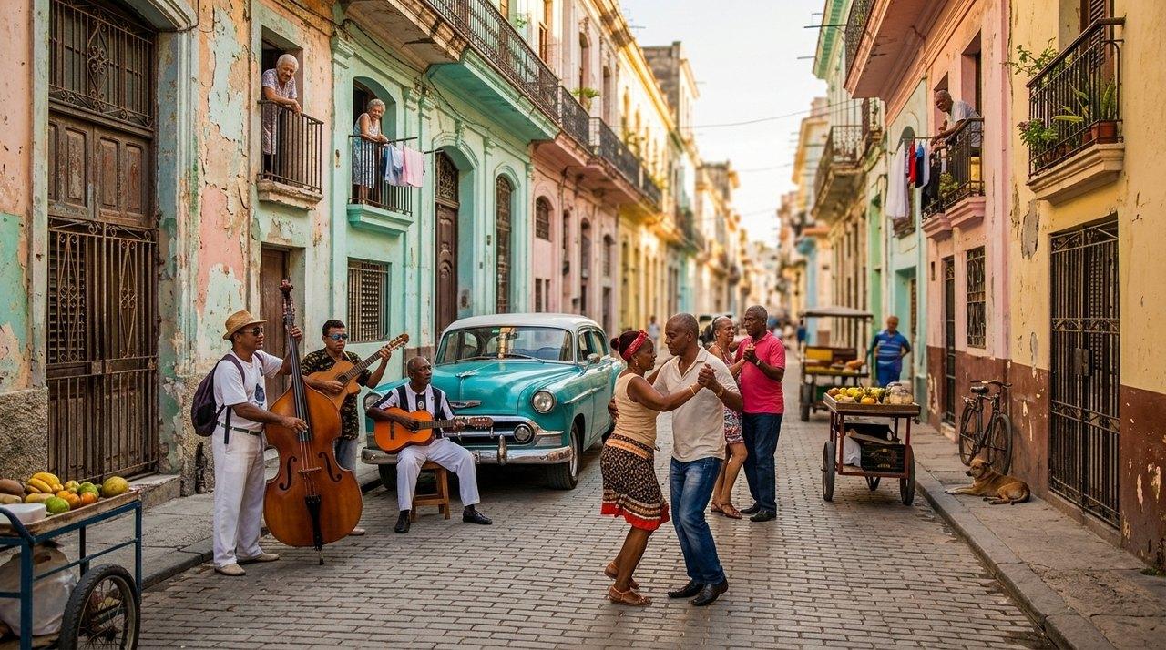 Une rue colorée de la vieille ville avec musiciens jouant de la guitare, des habitants dansant, et une voiture vintage turquoise