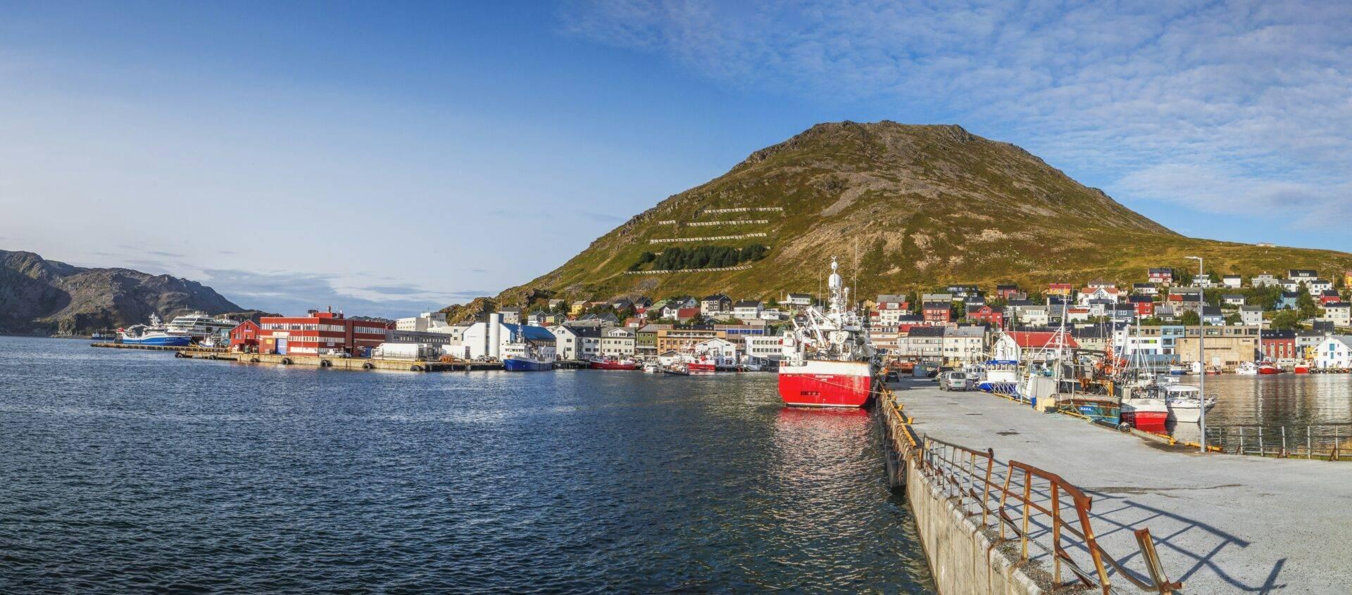 Port arctique coloré avec montagne verdoyante, bateaux de pêche rouge et blanc, maisons traditionnelles sur les berges