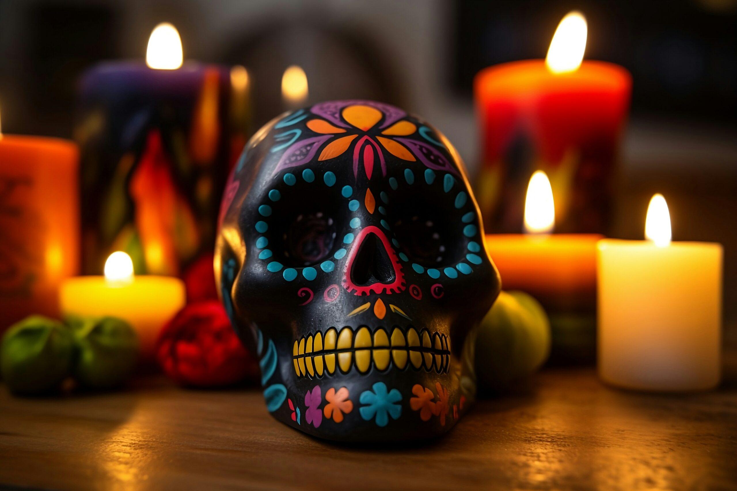 Autels fleuris de soucis orange et crânes ornés lors du Día de los Muertos à Oaxaca, Mexique