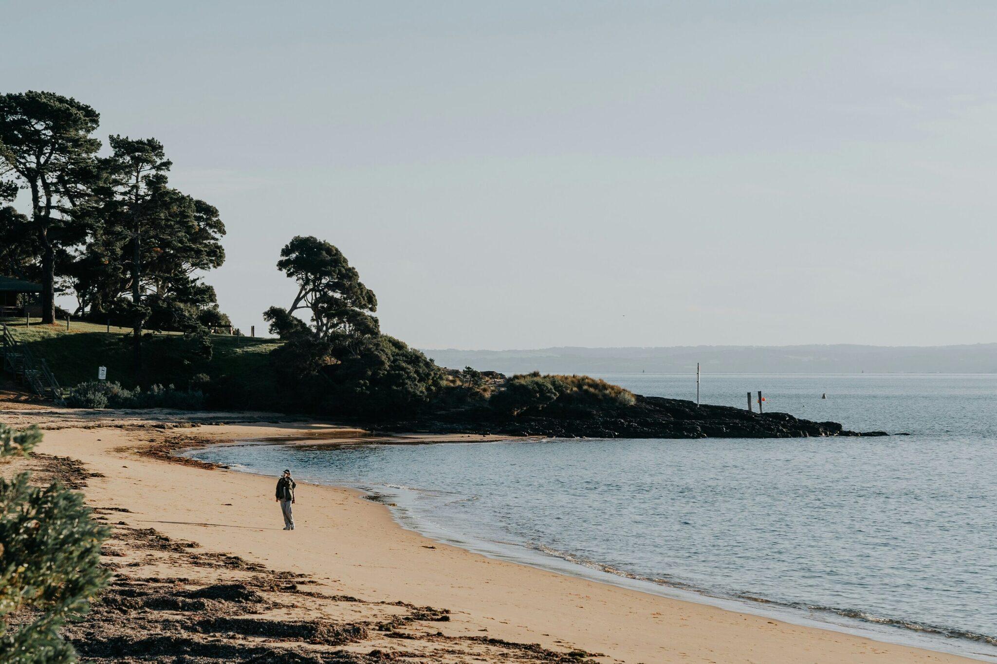 Un promeneur solitaire marche sur une plage de sable fin bordée de falaises boisées et de rochers, face à la mer calme