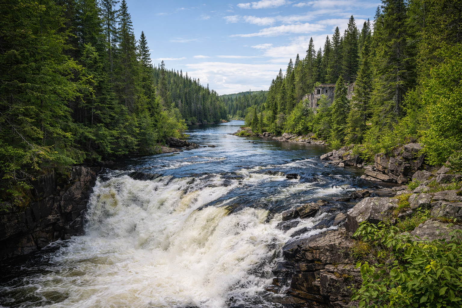 Une cascade majestueuse s’écoule entre des forêts de conifères denses, avec des ruines de bâtiment visible sur la rive droite