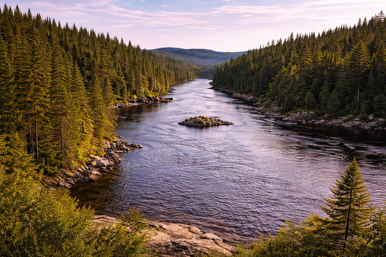 Une rivière sinueuse encadrée de forêts de conifères denses avec des roches émergeant de l’eau sous un ciel nuageux