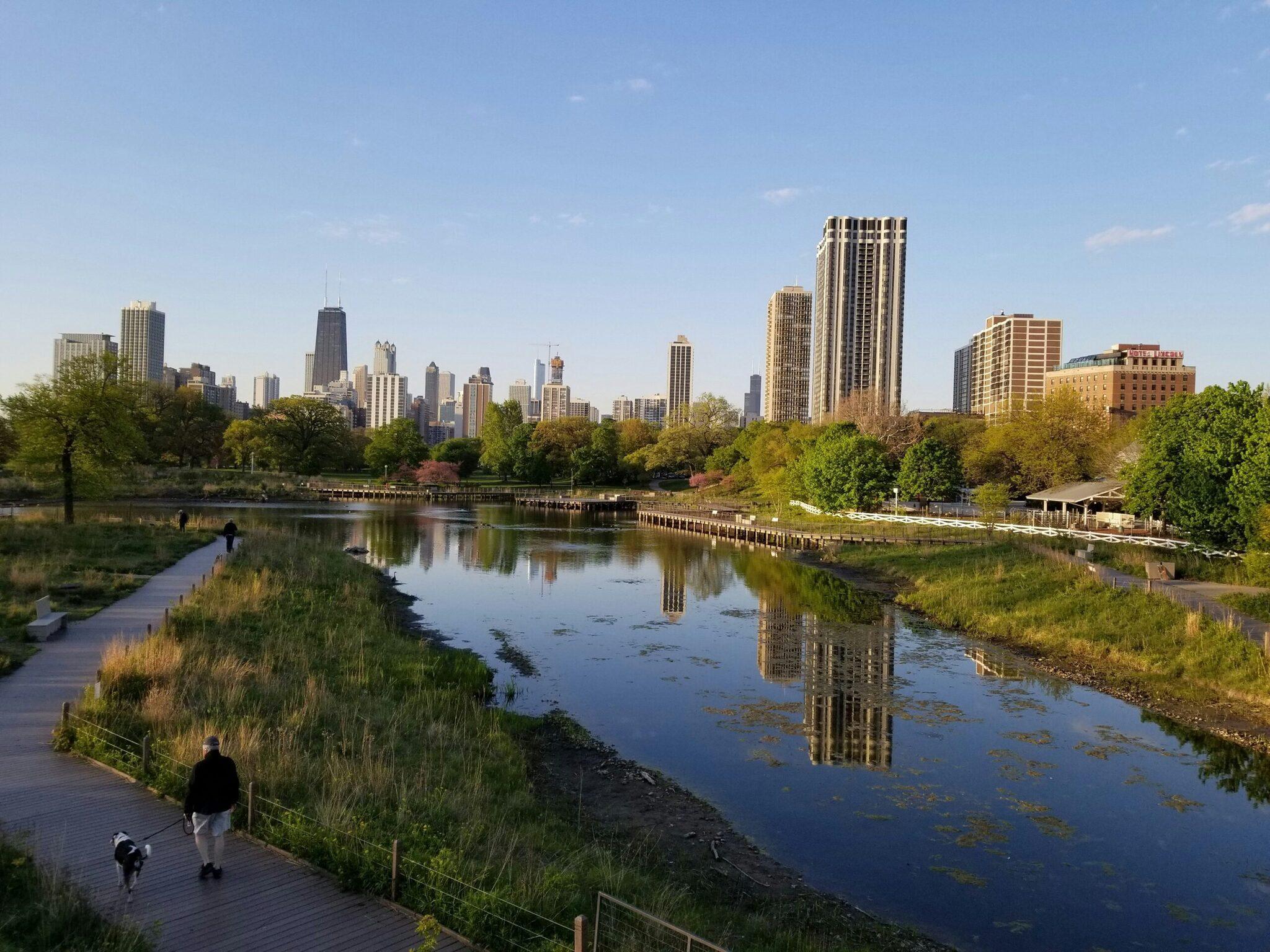 Vue sur les gratte-ciel d’une grande ville américaine depuis une promenade verdoyante le long d’une rivière calme