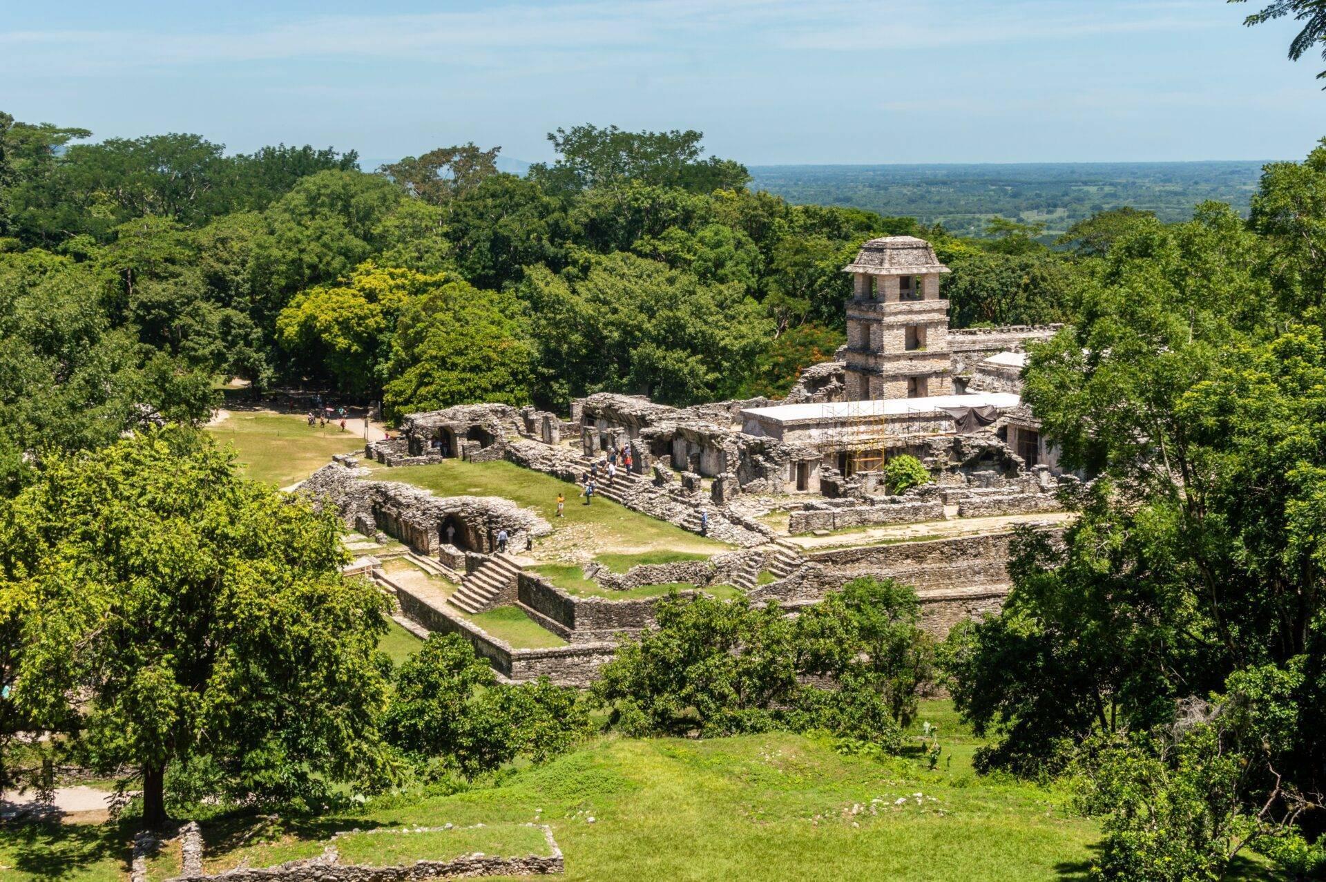 Ruines mayas entourées de jungle luxuriante avec tour de pierre préservée et visiteurs explorant les structures anciennes