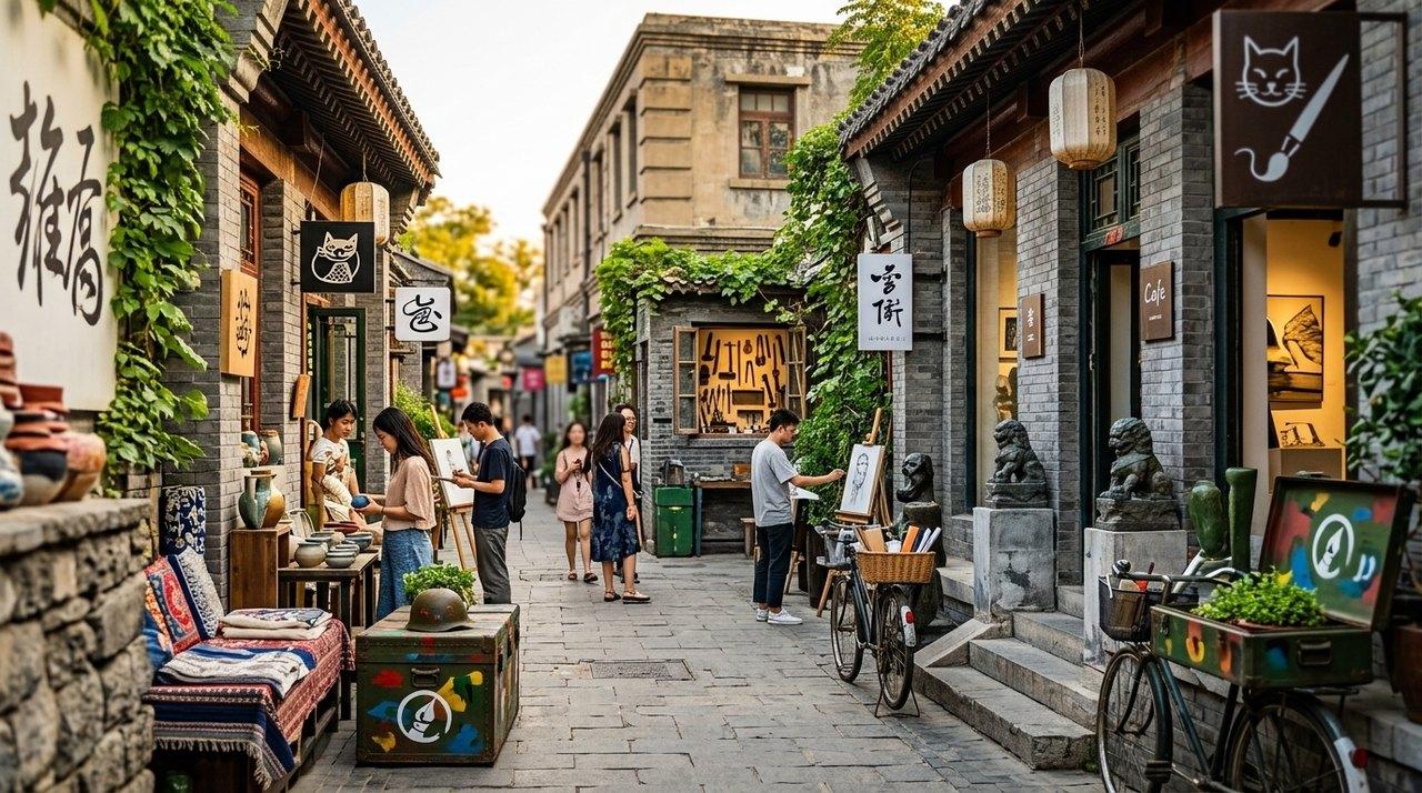 Une ruelle pavée d’une ancienne ville chinoise avec commerces d’art, lanternes décoratives et visiteurs flânant entre bâtiments en pierre