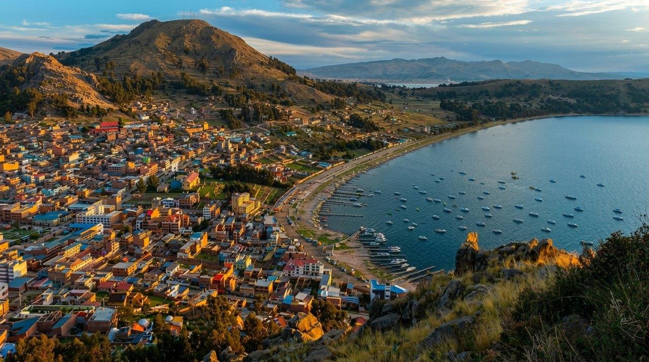 Vue aérienne d’une ville colorée au bord d’un lac d’altitude avec montagnes, bateaux de pêche et maisons traditionnelles