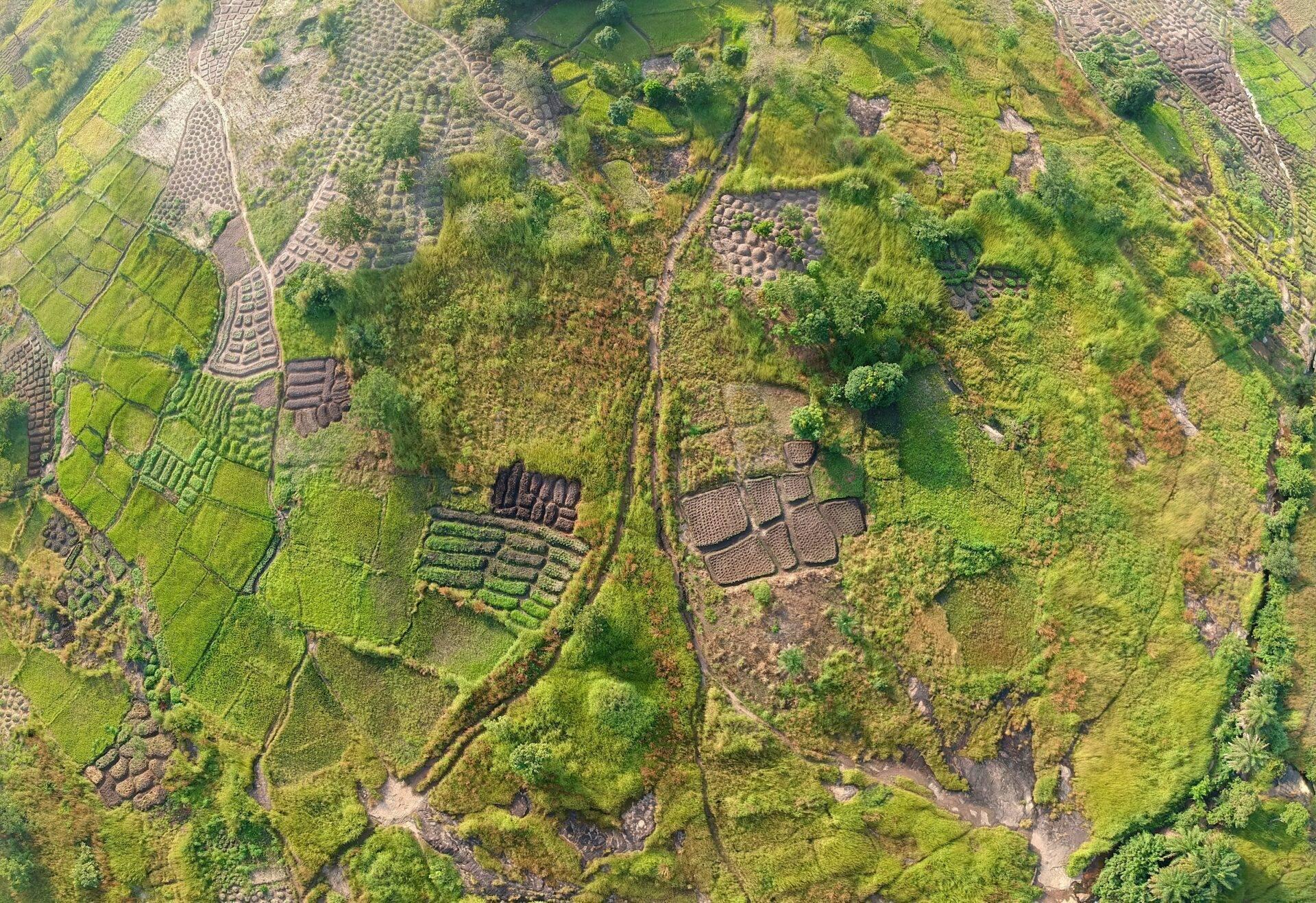 Vue aérienne de terres agricoles en pente avec champs cultivés, forêt dense et petits villages éparpillés en Afrique de l’Ouest