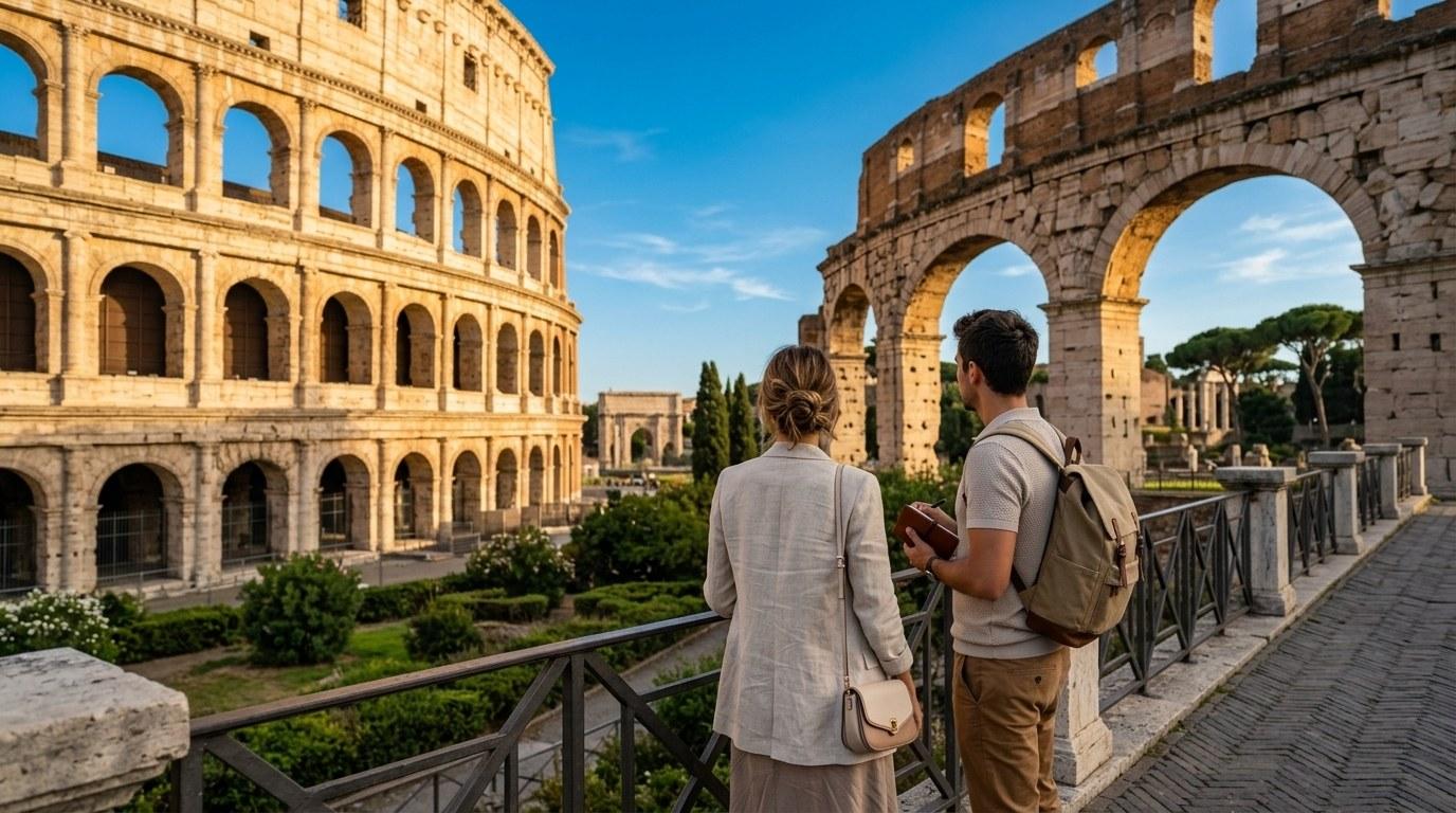 Deux touristes admirent les ruines d’amphithéâtre antique aux arches monumentales sous un ciel dégagé