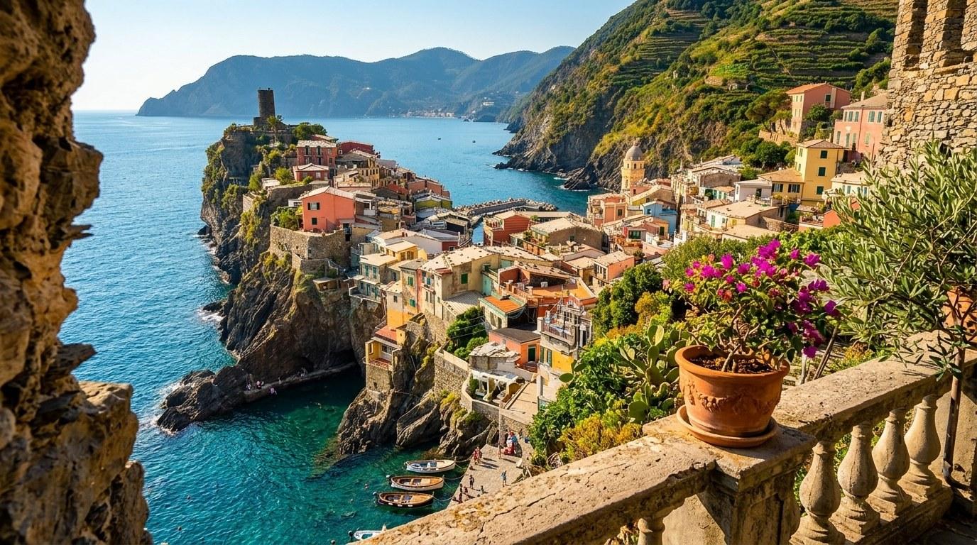 Un village côtier coloré perché sur des falaises surplombant la mer Méditerranée turquoise avec des maisons traditionnelles