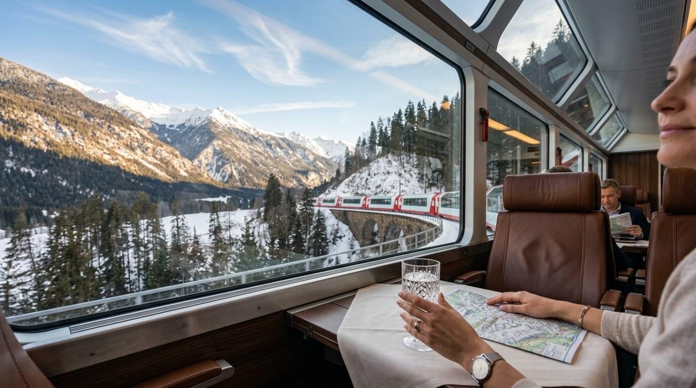 Passagère observant les montagnes enneigées depuis un train panoramique traversant une vallée alpine hivernale