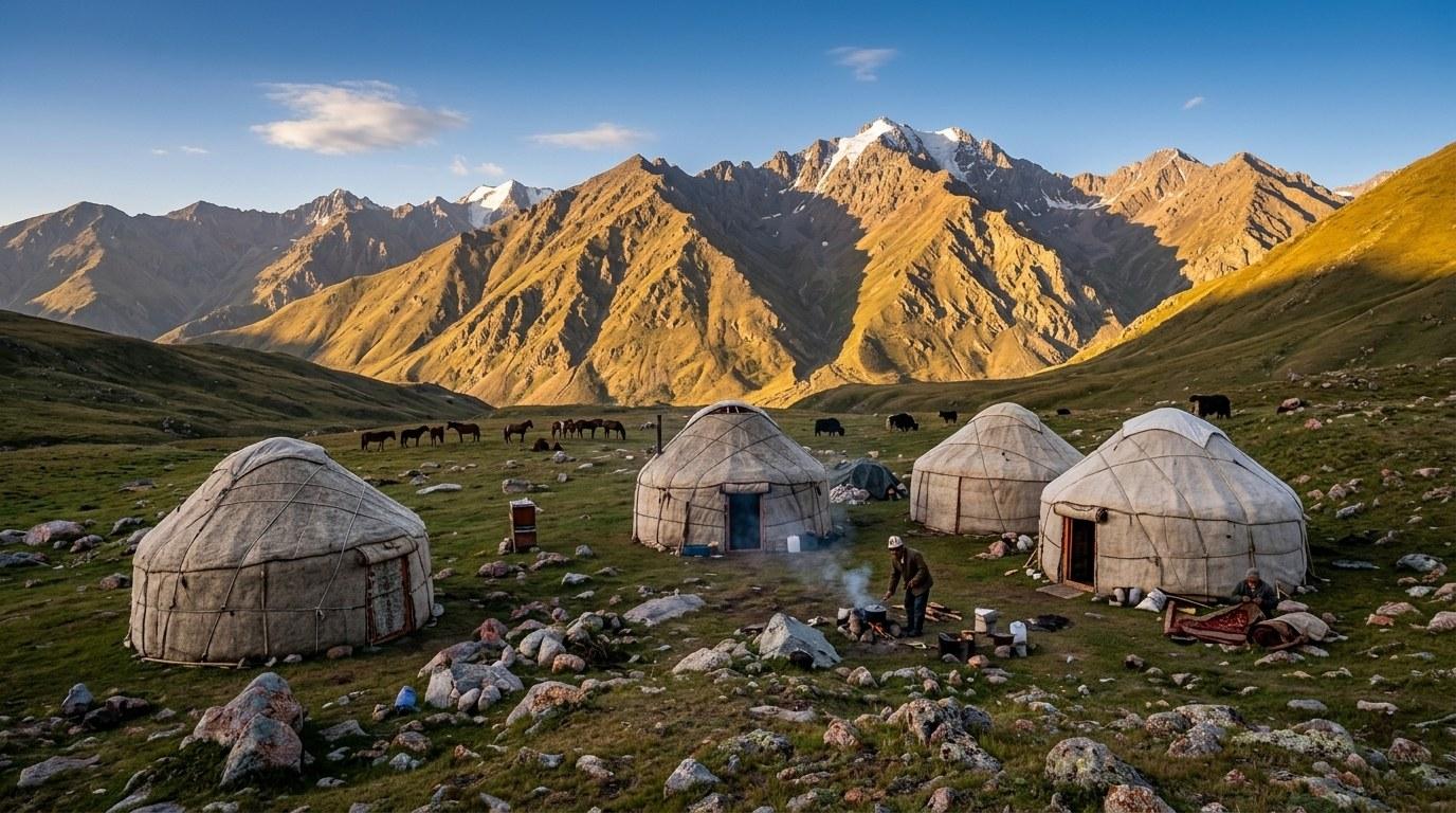 Campement nomade avec yourtes traditionnelles dans une vallée alpine entourée de majestueuses montagnes enneigées