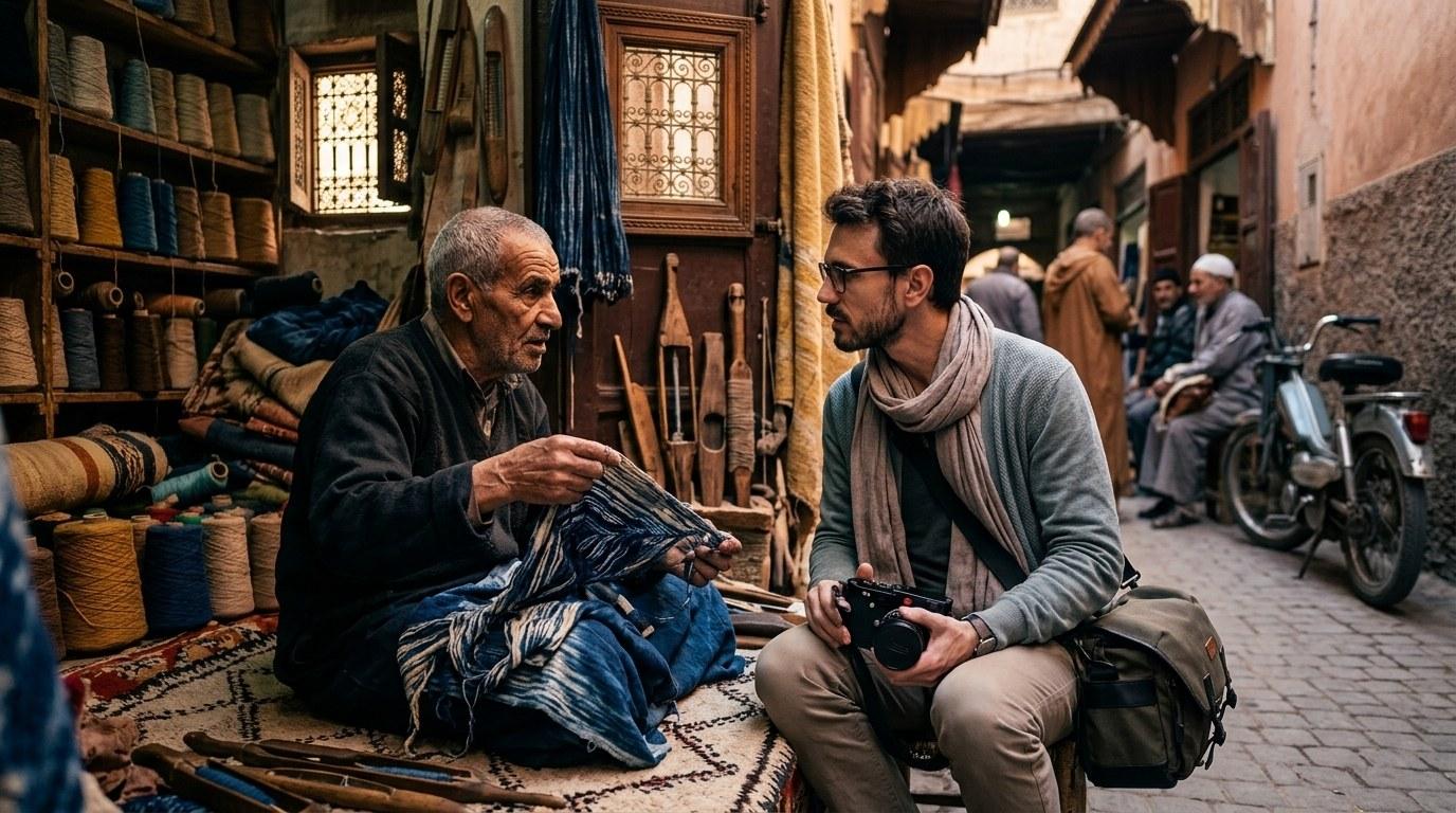 Un voyageur photographe en conversation avec un artisan dans une médina, entouré de textiles et d’objets traditionnels