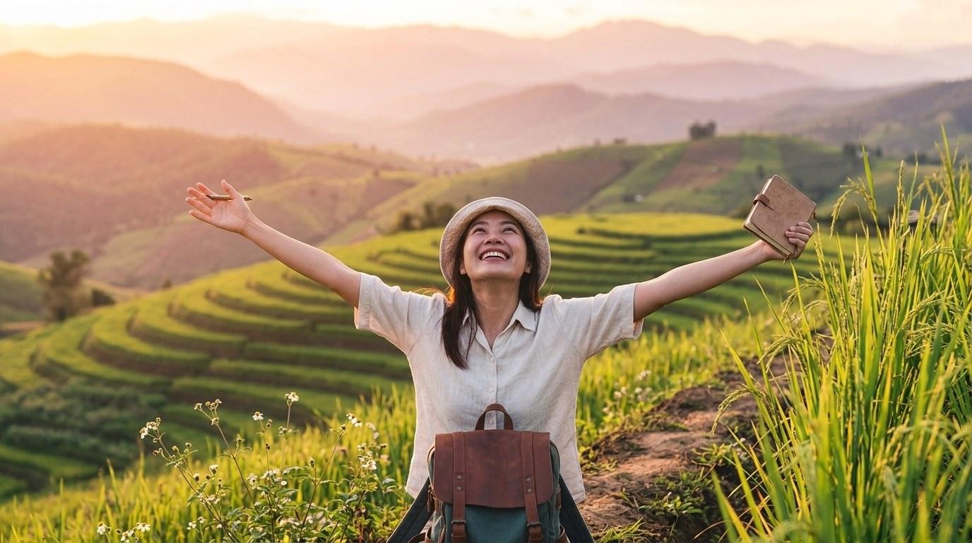 Une femme souriante, les bras levés, explore des rizières en terrasses verdoyantes au coucher de soleil dans une région montagneuse